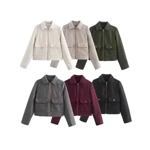 Women's chic cropped tweed jacket with lapels and zipper pockets in six assorted colors