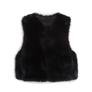 Close-up of premium faux fur texture on black sleeveless waistcoat for women