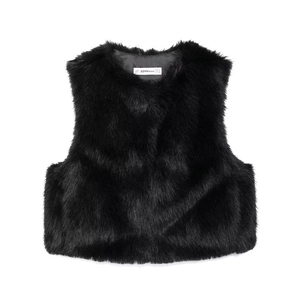 Gilet court en fausse fourrure noire pour femme avec col rond et design sans manches