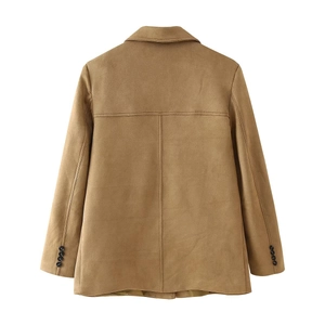 Rear view of camel faux suede blazer with back stitching details and cuff buttons