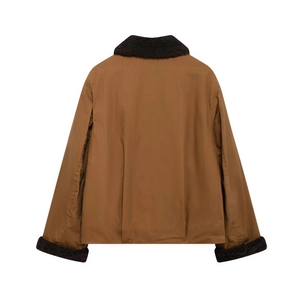 Detailed back view of a brown jacket featuring contrasting dark fleece collar and hem
