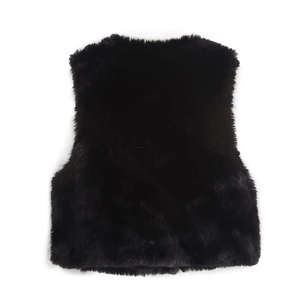 Detail of the soft faux fur texture and round neck design of the black winter vest