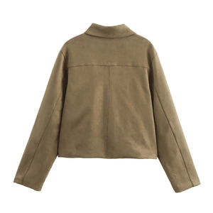 Rear view of brown faux suede cropped jacket with notched lapel and center stitching