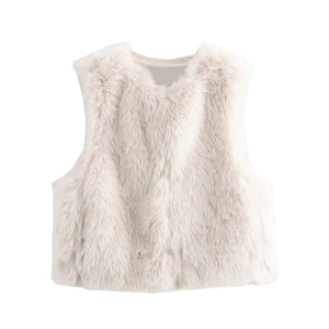 Detailed view of the soft faux fur texture on a cream-white cropped winter vest