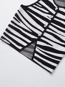 Detail of zebra pattern knit vest featuring unique silver metal buttons and ribbed edges