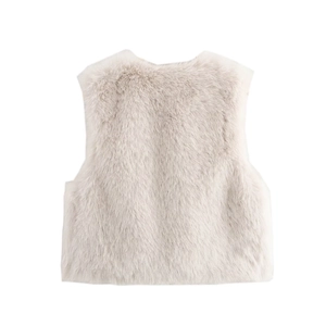 Close-up of fluffy faux fur texture on this minimalist beige winter waistcoat