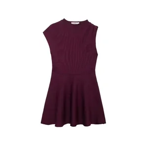 Women's Sleeveless Mock Neck Ribbed Knit Mini Dress Elegant Solid Color A-Line Pleated Knitwear Dress For Party Casual