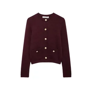 Elegant burgundy knit cardigan with gold buttons and dual pockets on a white background