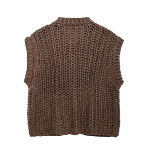 Detailed back view of a brown chunky knit vest featuring hollow mesh texture and ribbed edges