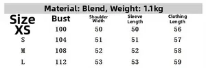 Size chart detail for women's faux fur jacket showing dimensions for XS to L sizes