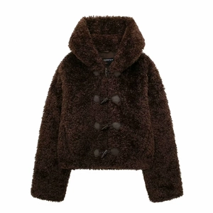 Close-up of brown faux fur coat showing texture and dark toggle buttons detail