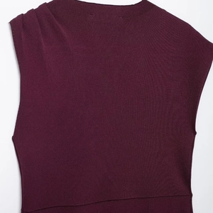Deep wine red ribbed knit mini dress featuring unique asymmetric shoulder details