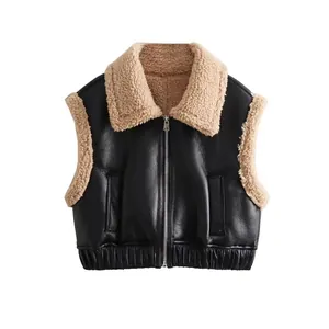 Gilet Motard en Similicuir pour Femmes avec Bordure en Fausse Peau Lainée Veste sans Manches Zippée Gilet Chaud d'Hiver
