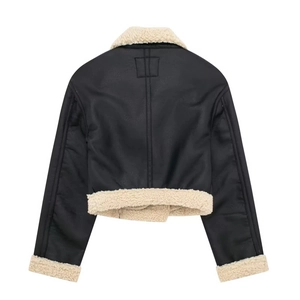 Back view of a black faux leather aviator jacket with white faux fur lining and trims
