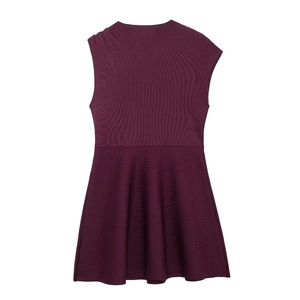 Asymmetric sleeveless knit mini dress in deep wine red for women with ribbed texture