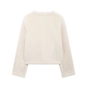 Back view of a cozy cream-colored faux fur short jacket with soft plush texture for winter