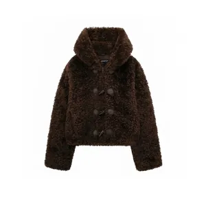 Women Faux Fur Teddy Fleece Jacket Winter Warm Hooded Toggle Button Short Coat Solid Color Fashion Outerwear