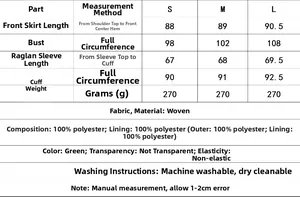 Size chart for green tiered ruffle dress with fabric details and measurements