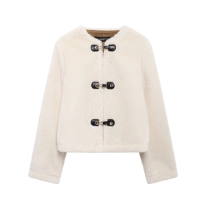 Women's off-white faux fur cropped jacket with black leather buckles and gold hardware