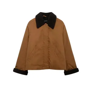 Vintage Brown Contrast Lapel Long Sleeve Jacket For Women Casual Loose Fit Workwear Outerwear Autumn Winter Fashion Coat