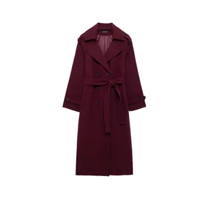 Cappotto Donna Elegante in Lana Rosso Vino Doppiopetto Revers Con Cintura Soprabito Medio Lungo Autunno Inverno Caldo