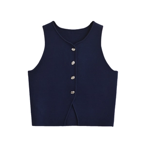 Women's chic dark blue knit vest with unique silver buttons and round neckline