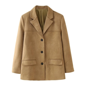 Women's camel faux suede blazer with notched lapels and flap pockets for autumn winter