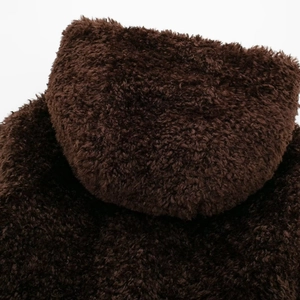 Women's deep brown faux fur teddy coat with thick texture and hooded design for winter warm