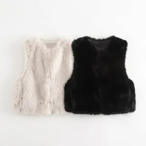 Women's Faux Fur Vest Sleeveless Round Neck Short Plush Waistcoat Fall Winter Solid Color Elegant Casual Outerwear Top