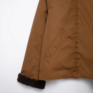 Women's brown canvas jacket with contrast collar and warm fleece lining for autumn winter