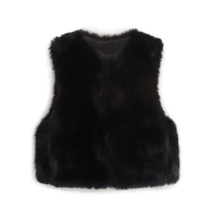 Women's 2024 chic black faux fur vest with a cropped fit and plush luxury texture