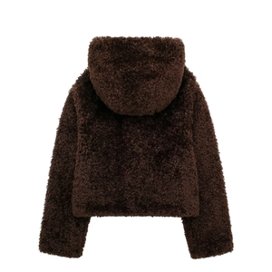 Deep brown faux fur hooded jacket for women featuring a cozy short-cut back view design