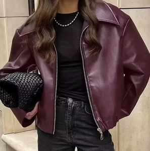 Chic burgundy faux leather jacket with oversized lapels and silver zipper for women