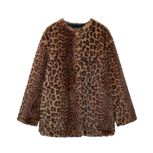 Women's 2024 autumn leopard print faux fur coat with round neck and loose long sleeves