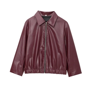 Detail of burgundy PU leather jacket featuring shirt collar and metallic zipper closure