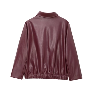 Back view of burgundy faux leather jacket with elastic hem and classic lapel collar