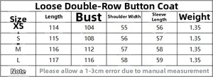 Size chart for women's double-breasted coat showing XS to L measurements in cm