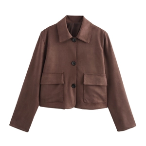 Women's vintage brown faux suede cropped jacket with notched lapel and large front pockets