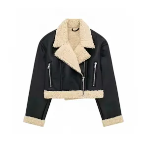 Women's Fashion Biker Faux Leather Jacket Contrast Shearling Trim Lapel Collar Zipper Short Coat Autumn Winter Streetwear