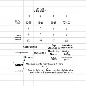 Detailed size chart for white 100% cotton poplin dress showing chest and length measures