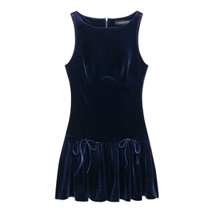 Mini robe sans manches en velours bleu marine avec nœuds et jupe plissée chic