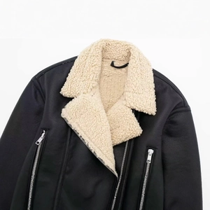 Women's 2024 autumn winter black faux suede jacket with fleece lining and zipper details