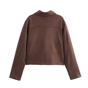 Women's brown faux suede short jacket with classic lapels and vintage cropped design