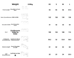 Detailed size chart for women detachable hooded coat with measurements for XS to L
