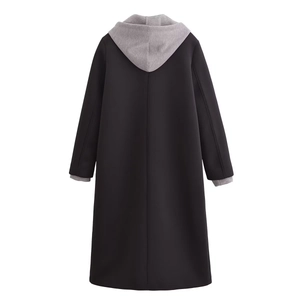 Back view of a long hooded coat with black body and grey heathered sleeves and hood