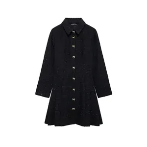 Robe Mini en Tweed Noir Élégante Femmes Manches Longues Boutons Nœud Doré Revers Ourlet Plissé Ligne A Automne Hiver
