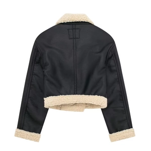 Back view of women's shearling biker jacket with black faux leather and cream wool trim