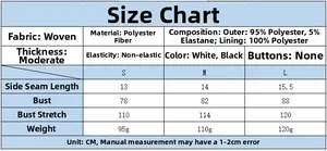 Size chart for women U-neck halter top detailing woven fabric and polyester composition