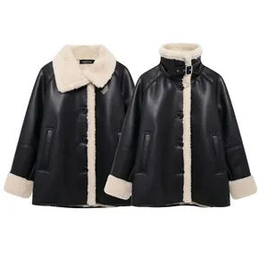 Women's Faux Shearling Moto Jacket Artificial Leather Thick Warm Coat With Faux Lamb Wool Trim Lapel Button Winter Outerwear
