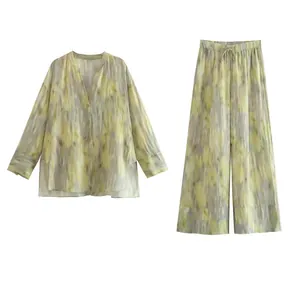 Damen Casual Baumwollleinen Batik Druck Langarm V-Ausschnitt Hemd Und Weite Hose Lockere Sommerurlaub Bluse Hose